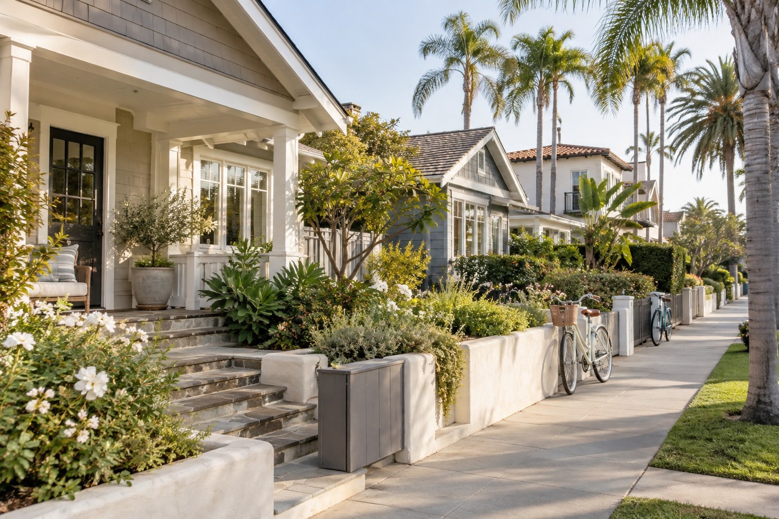 A quiet Redondo Beach street with townhomes and gardens, illustrative