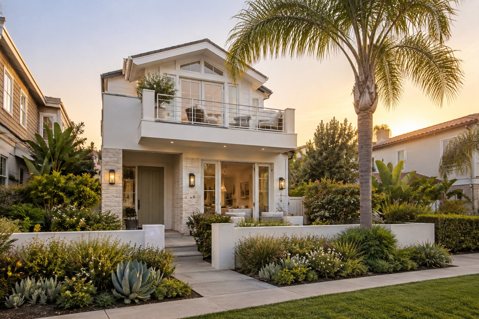 A Redondo Beach, California home with a palm and soft evening light, illustrative