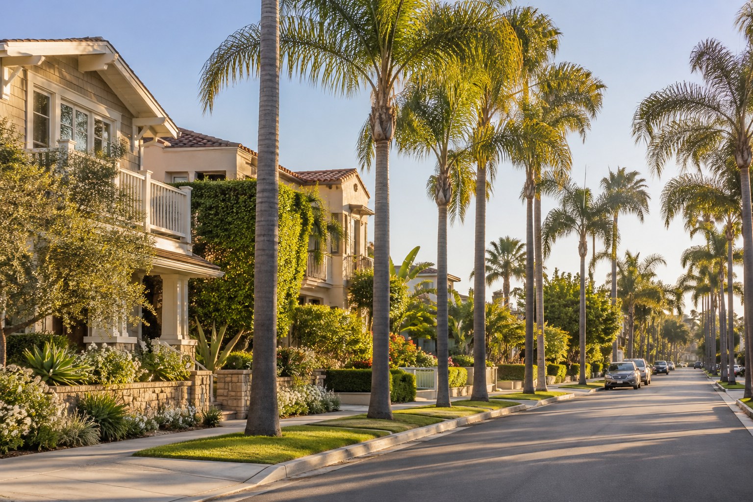 A Redondo Beach street with townhomes and gardens, illustrative