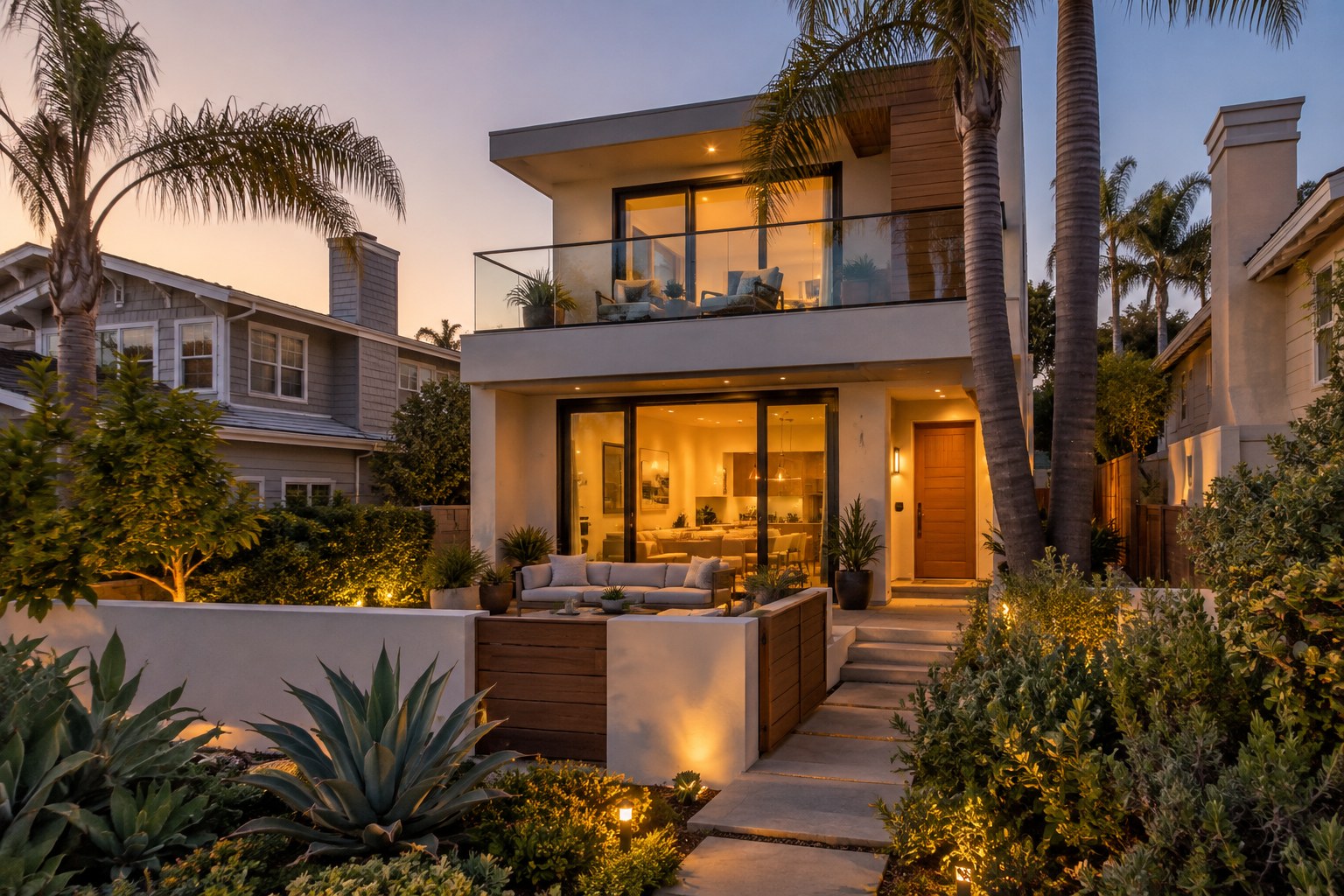 A coastal California home at dusk, illustrative