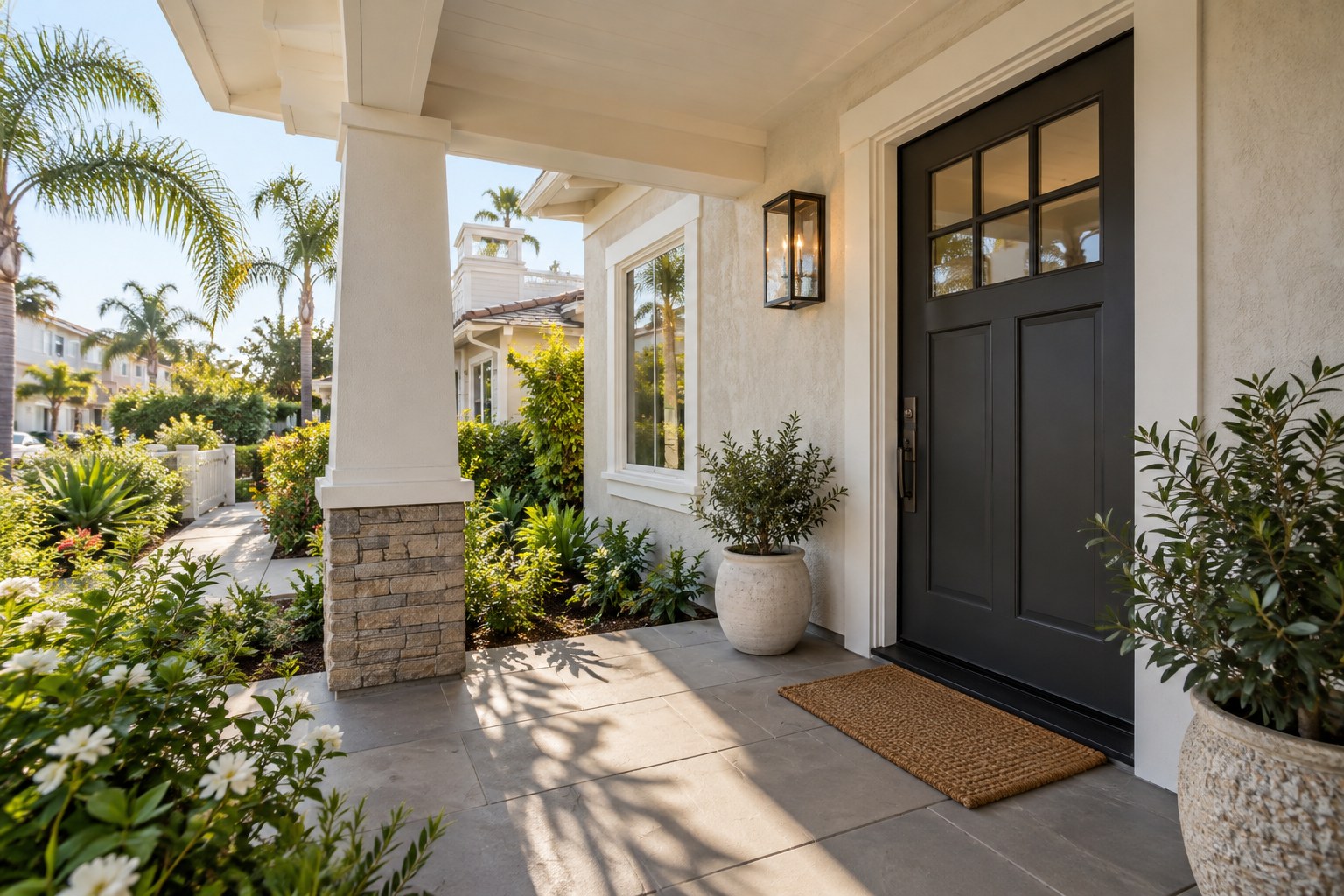 A covered front entry of a California home, illustrative